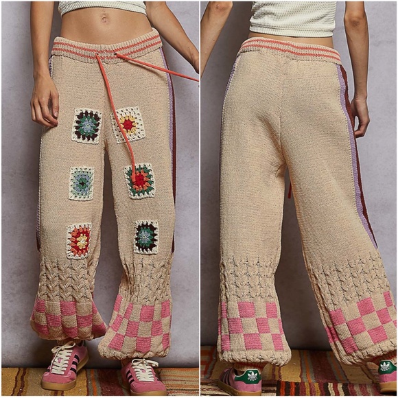 POL Tan Chenille Granny Square Stretchy Waist Jogger pants - Picture 2 of 4